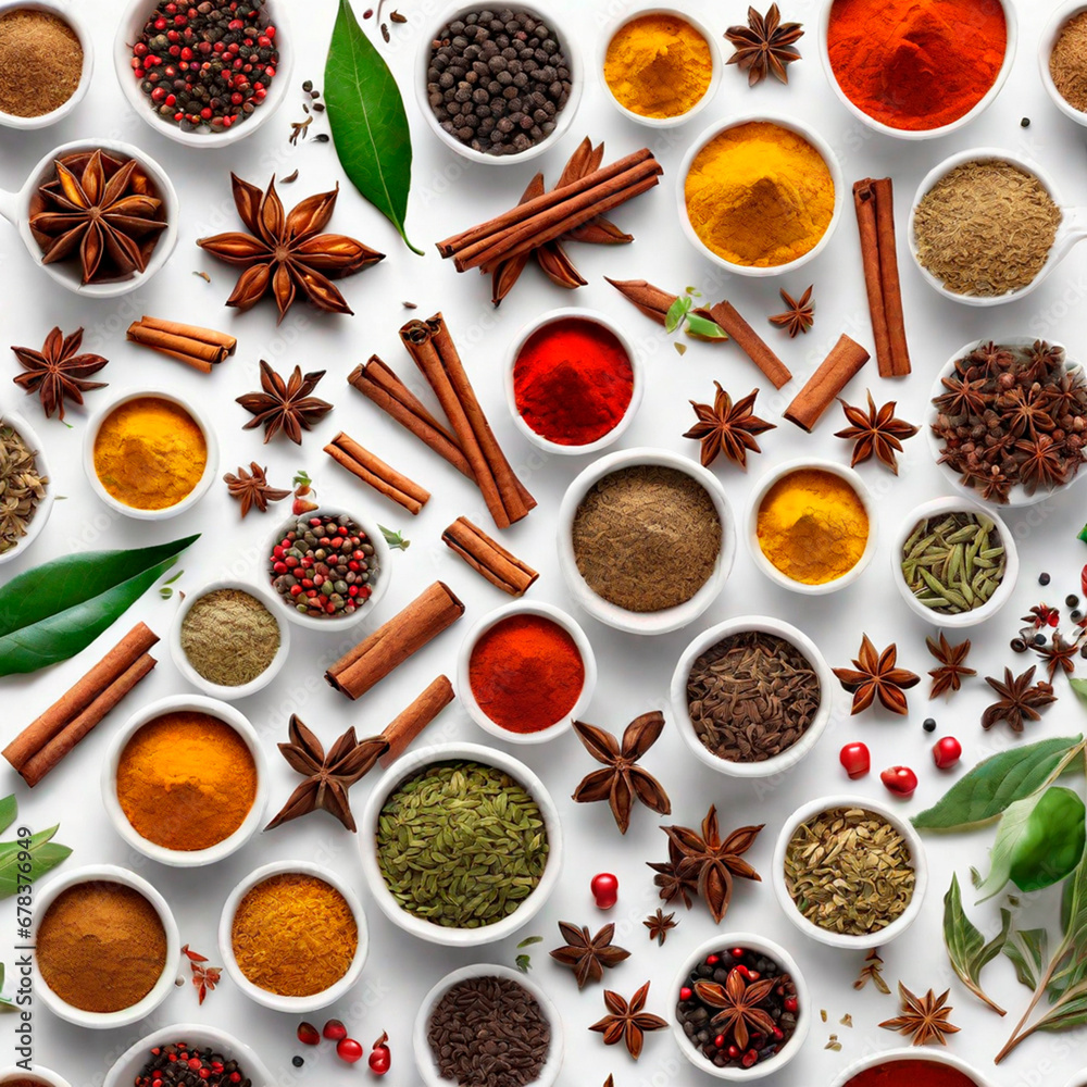 Spices and herbs in wooden bowls on white background, top view