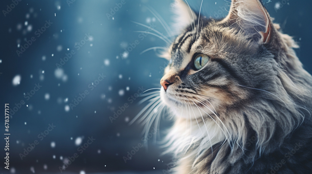 Cute cat in a winter forest during a blizzard snow all around a Christmas card. Generative AI