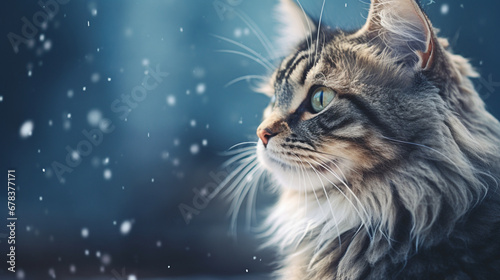 Cute cat in a winter forest during a blizzard snow all around a Christmas card. Generative AI © AdlerTorres