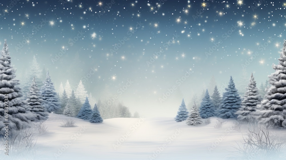 Winter landscape with snowy fir trees and falling snowflakes. Christmas background.