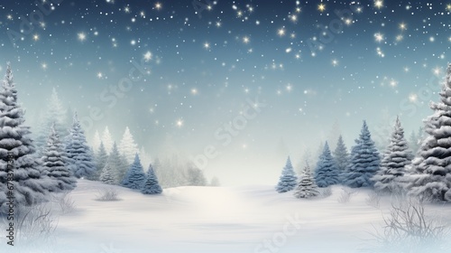 Winter landscape with snowy fir trees and falling snowflakes. Christmas background. © Dina