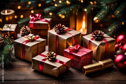 Christmas presents in rustic style with holiday decorations, selective focus.