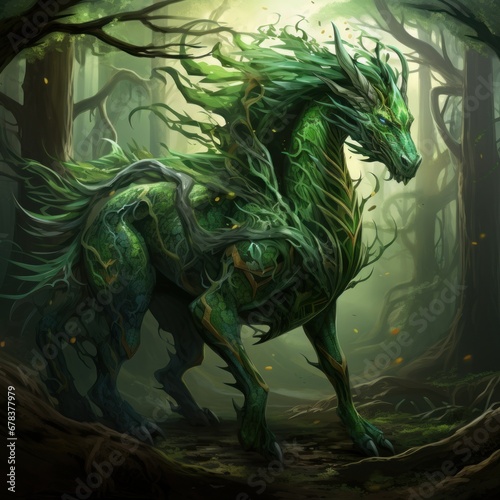 Green dragon in the forest, symbol of the year 2024, AI