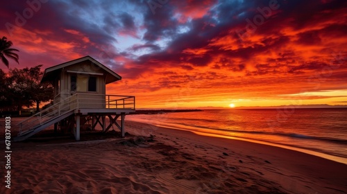 A beautiful sunset unfolds in South Kihei at Kamaole 3, with the lifeguard shack in the foreground, creating a picturesque scene. © Hokmiran