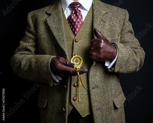 Portrait of Elegant English Gentleman in Tweed Suit and Leather Gloves Holding Pocket Watch. Vintage Style and Retro Fashion.