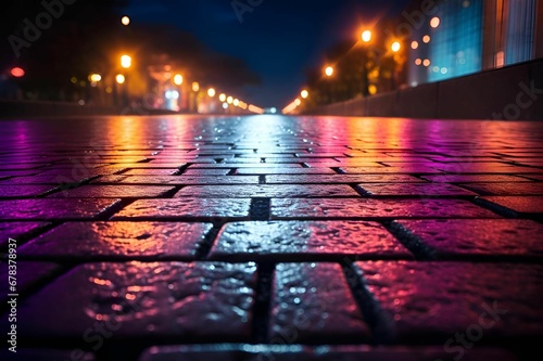 a wet street is lined with pink, purple and green lights