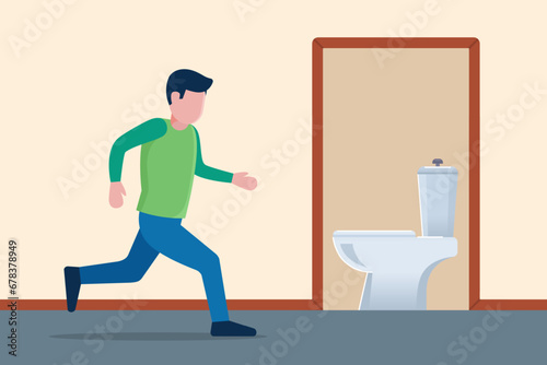 the man quickly runs to the toilet to pee. flat vector illustration.