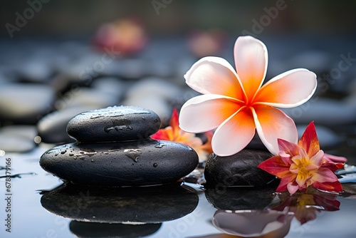 Spa and yoga stones with flowers   White orchid and black stones close up.