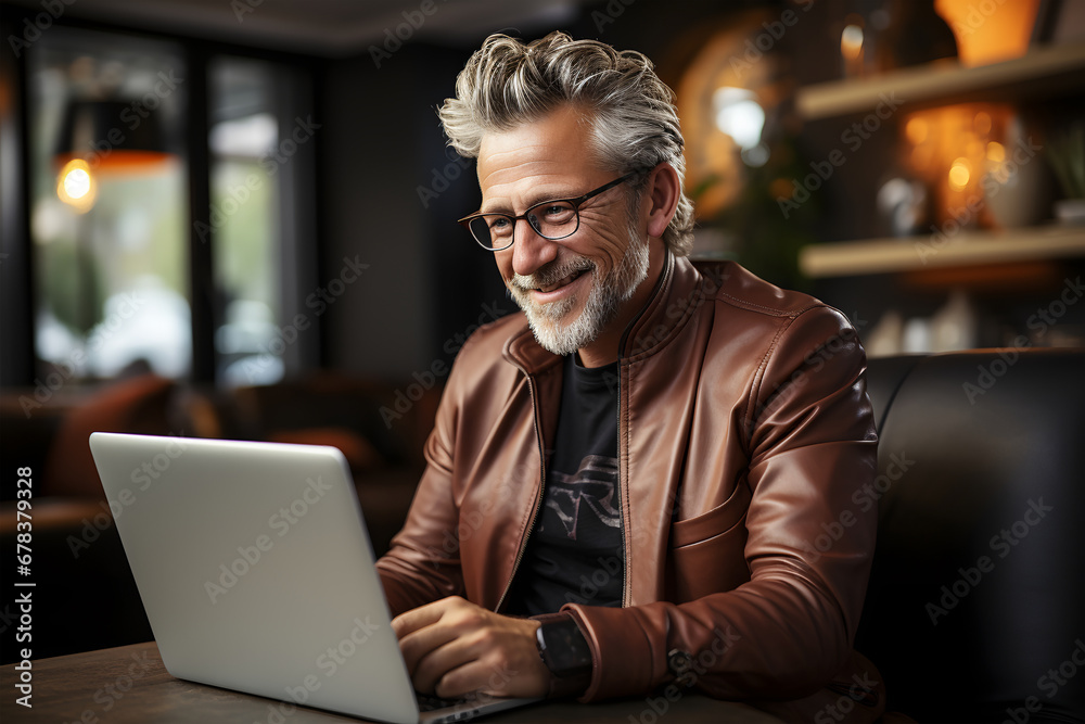 Portrait of a smiling senior man using laptop while sitting in cafe. ia generative Portrait of a smiling senior man using laptop while sitting in cafe. ia generative