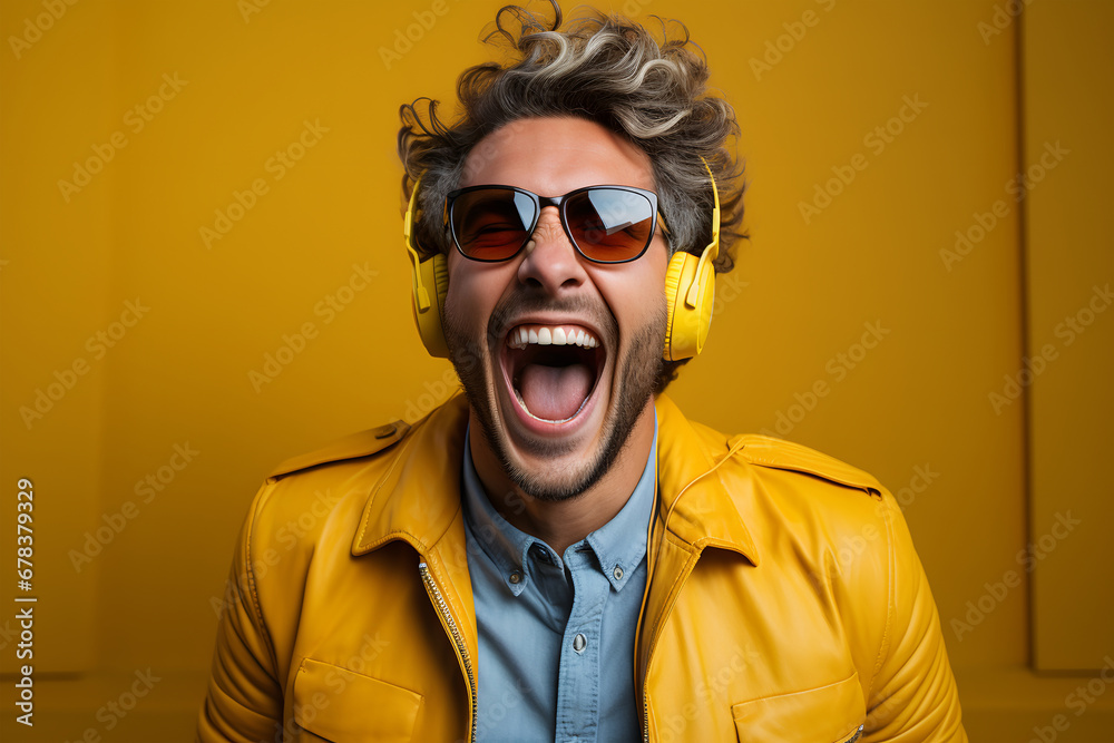 Fototapeta premium excited man in yellow jacket and headphones screaming at camera on yellow background. ia generated