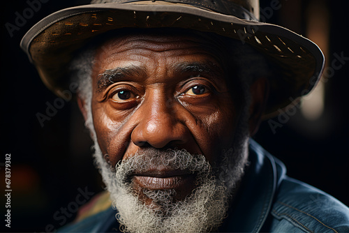 Portrait of a senior African man in a hat and jacket. ia generative