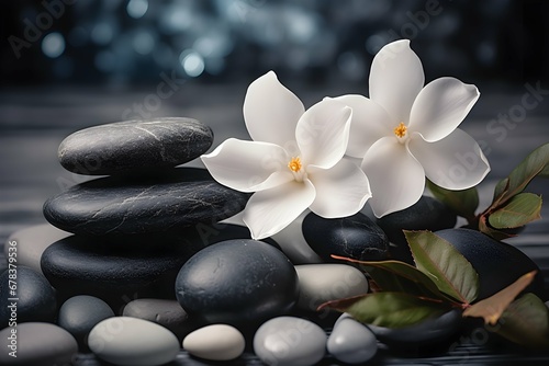 Spa and yoga stones with flowers   White orchid and black stones close up.