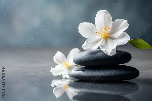 Spa and yoga stones with flowers , White orchid and black stones close up.