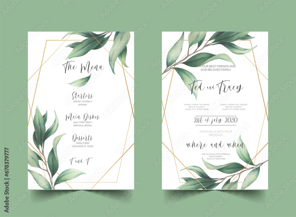 wedding invitation menu template with wild leaves design vector illustration