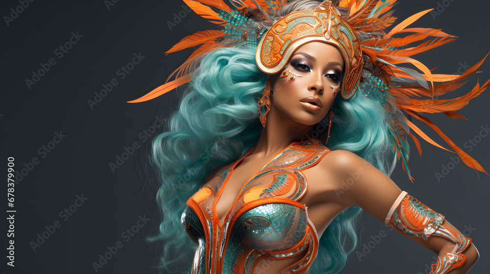 Carnival in Rio de Janeiro. A Brazilian woman, a beautiful dancer in a carnival costume with a bright festive makeup.