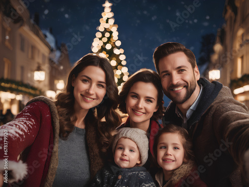 a small family taking a selfie with a Christmas tree behind them.Generated by AI