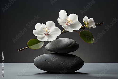 Spa and yoga stones with flowers , White orchid and black stones close up.