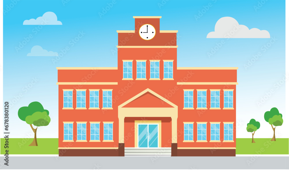 Building high school of the American or European with trees .A city landscape with a house facade with windows and doors. In flat cartoon style a vector. Education of children. school  vector .