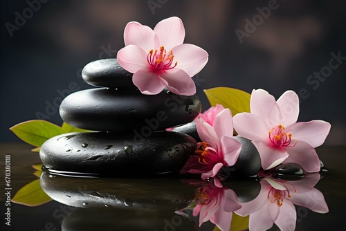 Spa and yoga stones with flowers   White orchid and black stones close up.