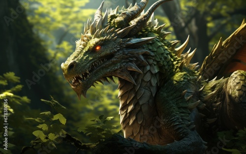 Green dragon in the forest, symbol of the year 2024, AI