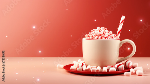 A cup of hot cocoa with marshmallows and a candy cane