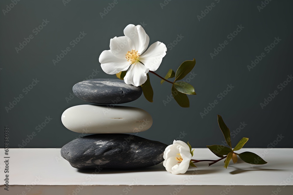 Spa and yoga stones with flowers , White orchid and black stones close up.