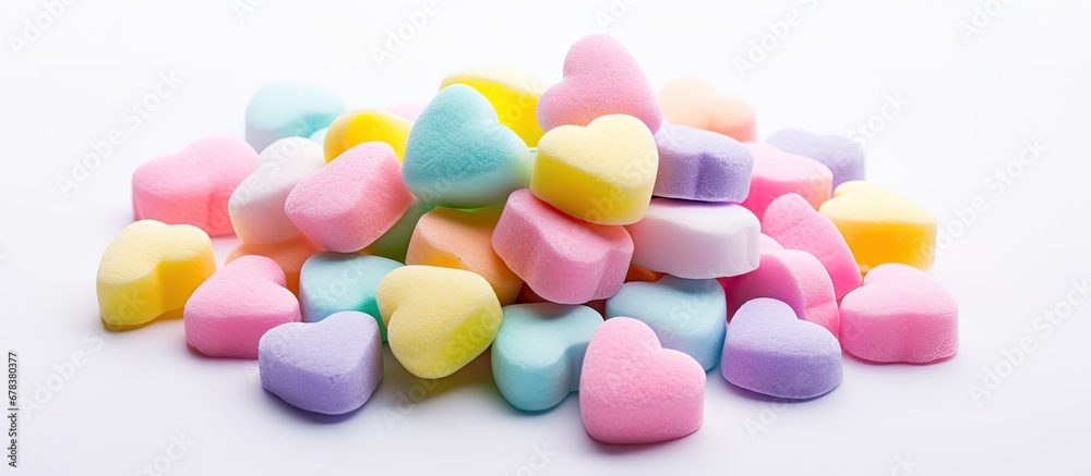 Pastel candy hearts piled on white surface Pastel candy hearts piled on white surface