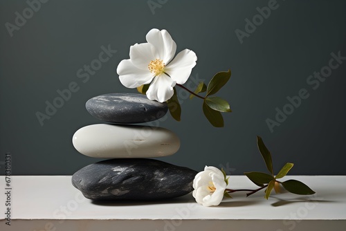Spa and yoga stones with flowers , White orchid and black stones close up.