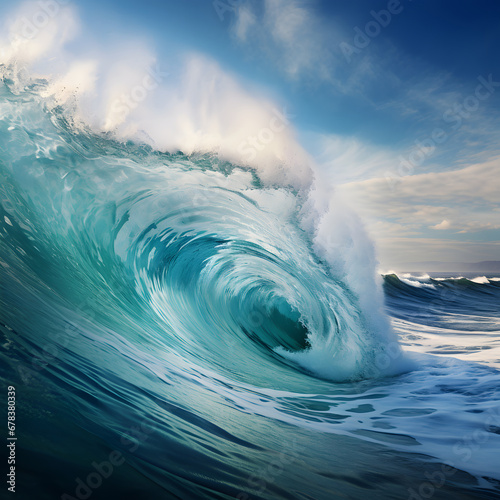 A big wave in the ocean. Tsunami. Water blue background. Sea wave for surfing. View from inside.