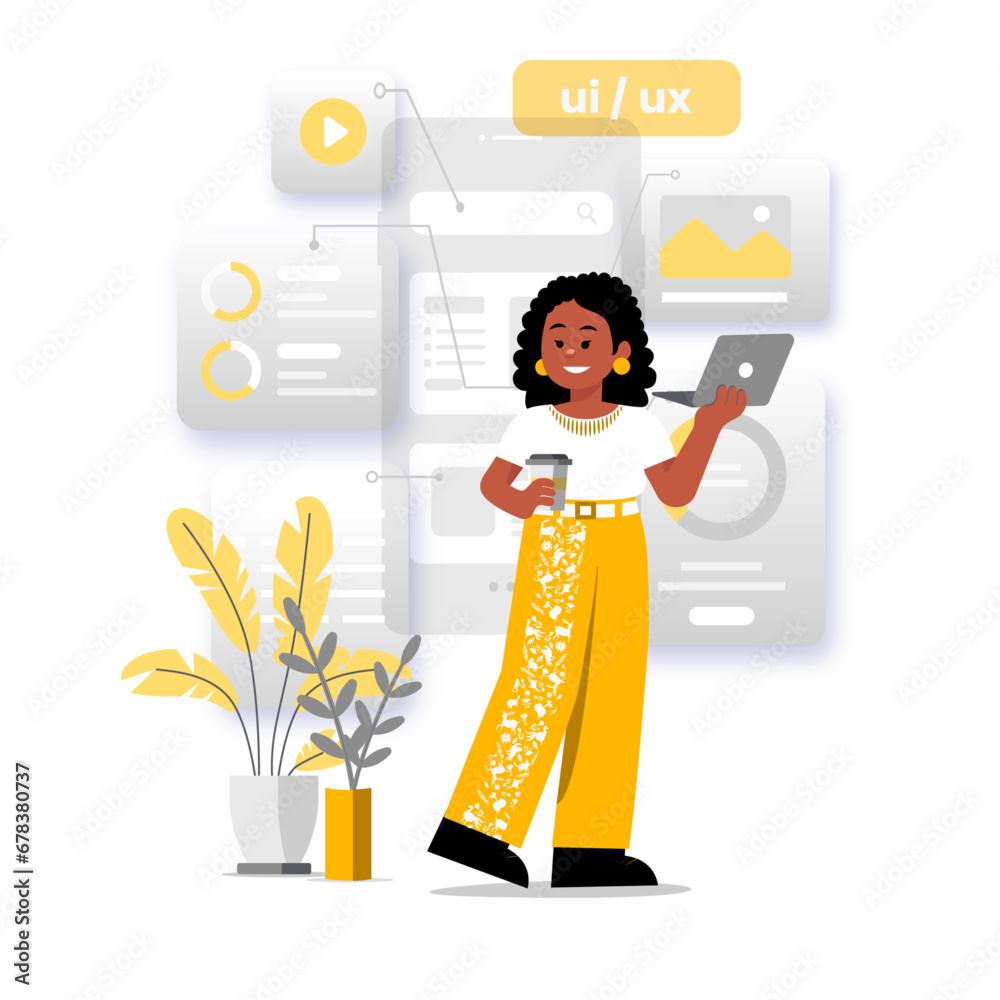 UI / UX design project. Designer woman drawing scetch. Charcter ...