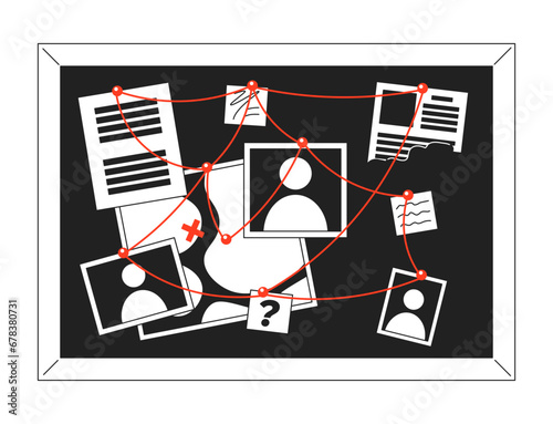 Evidence board with red strings black and white 2D cartoon object. Crime accident investigation. Bulletin pinboard isolated vector outline item. Detective board monochromatic flat spot illustration