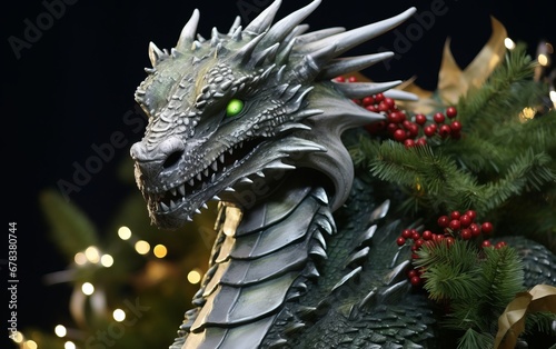 dragon statue with christmas tree and bokeh, closeup of photo