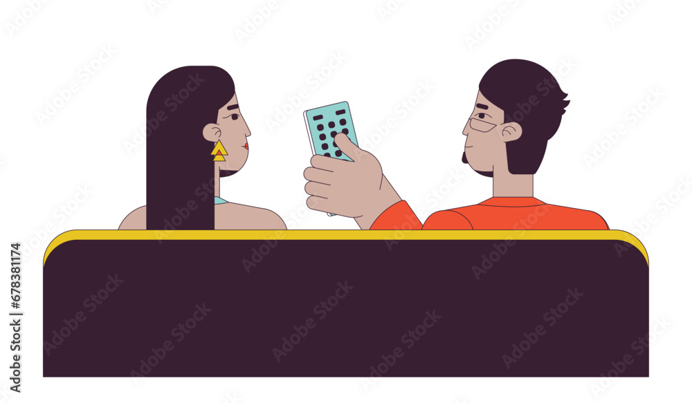 Arab couple watching tv 2D linear cartoon characters. Middle eastern bearded man clicking tv remote control isolated line vector people white background. Changing channels color flat spot illustration