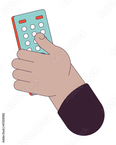Holding tv remote control linear cartoon character hand illustration. Program switch on television outline 2D vector image, white background. Changing channels device editable flat color clipart