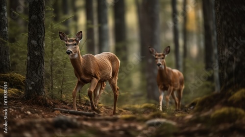 Whitetail Deer doe with young fawn in the forest. Wildlife Concept with a Copy Space. Hunting Concept with a Copy Space. 