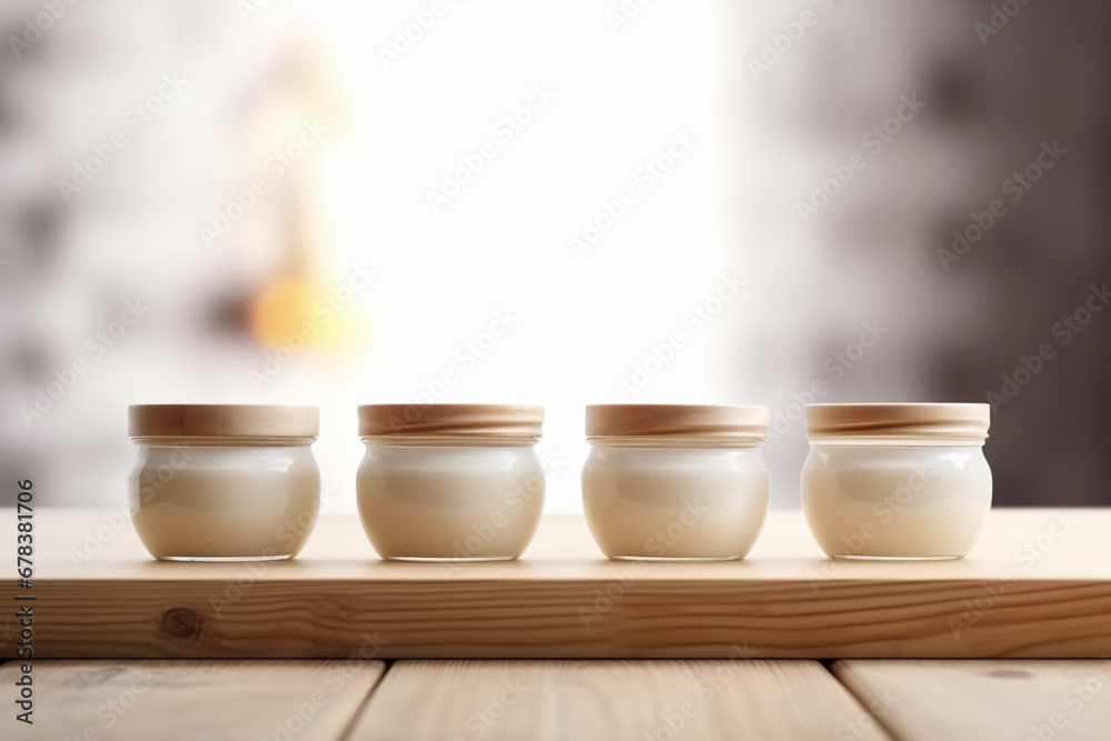 Ceramic pots for yogurt, cream, copyspace. Generative AI Ceramic pots for yogurt, cream, copyspace. Generative AI