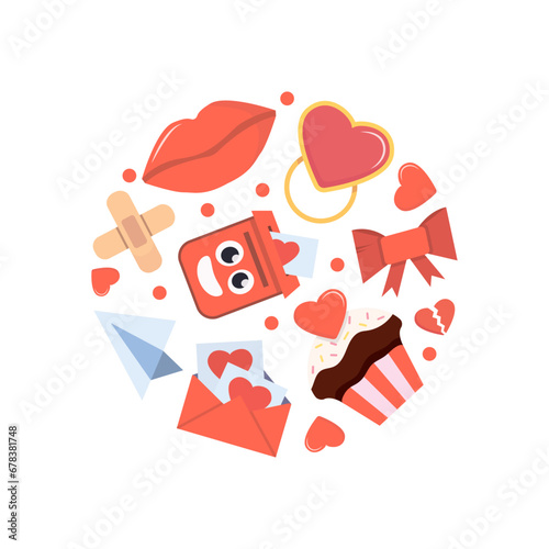 valentines day elements background. cartoon romantic love party celebration, hearts lips love sweets letters envelope ring gift boxes. vector cartoon minimalistic flat circle shaped background.