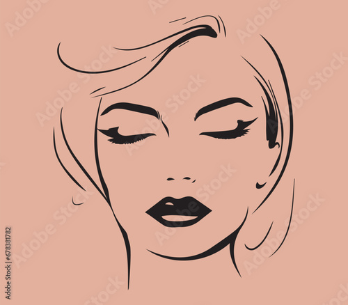 female face silhouette drawn in minimalist style,isolated on pink background,line drawing,eps,wall art