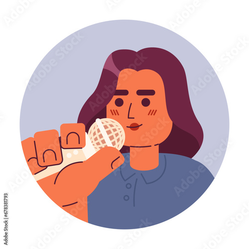Middle eastern professional lady speaker 2D vector avatar illustration. Arab office female speaking mic cartoon character face portrait. Mike announcer flat color user profile image isolated on white