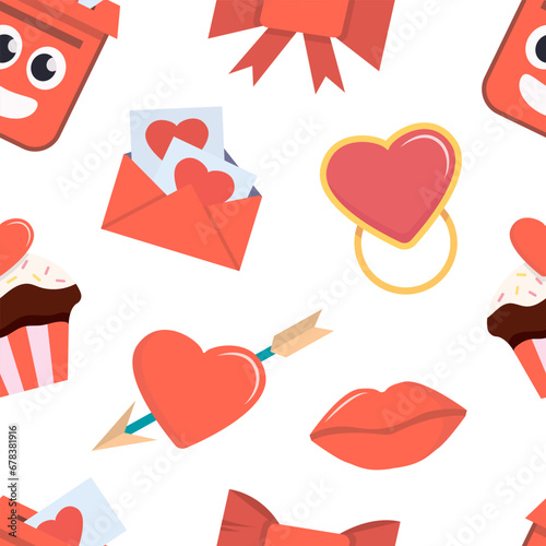 valentines day elements pattern. cartoon romantic love 14 February party celebration, hearts lips love sweets letters envelope ring gift boxes. vector cartoon minimalistic flat seamless pattern