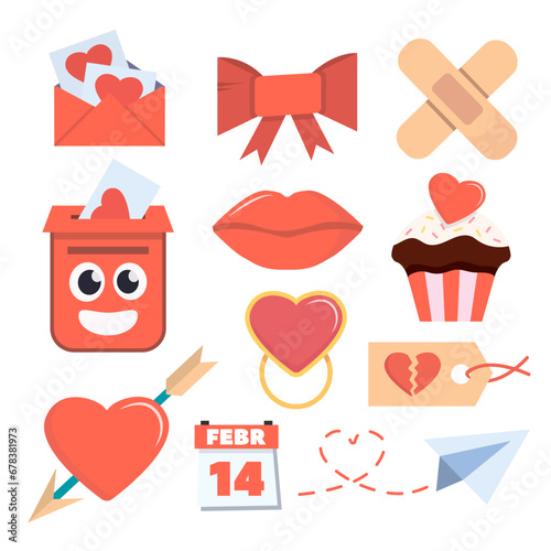 valentines day elements. cartoon romantic love 14 February party celebration, hearts lips love sweets letters envelope ring gift boxes. vector cartoon minimalistic flat object collection.