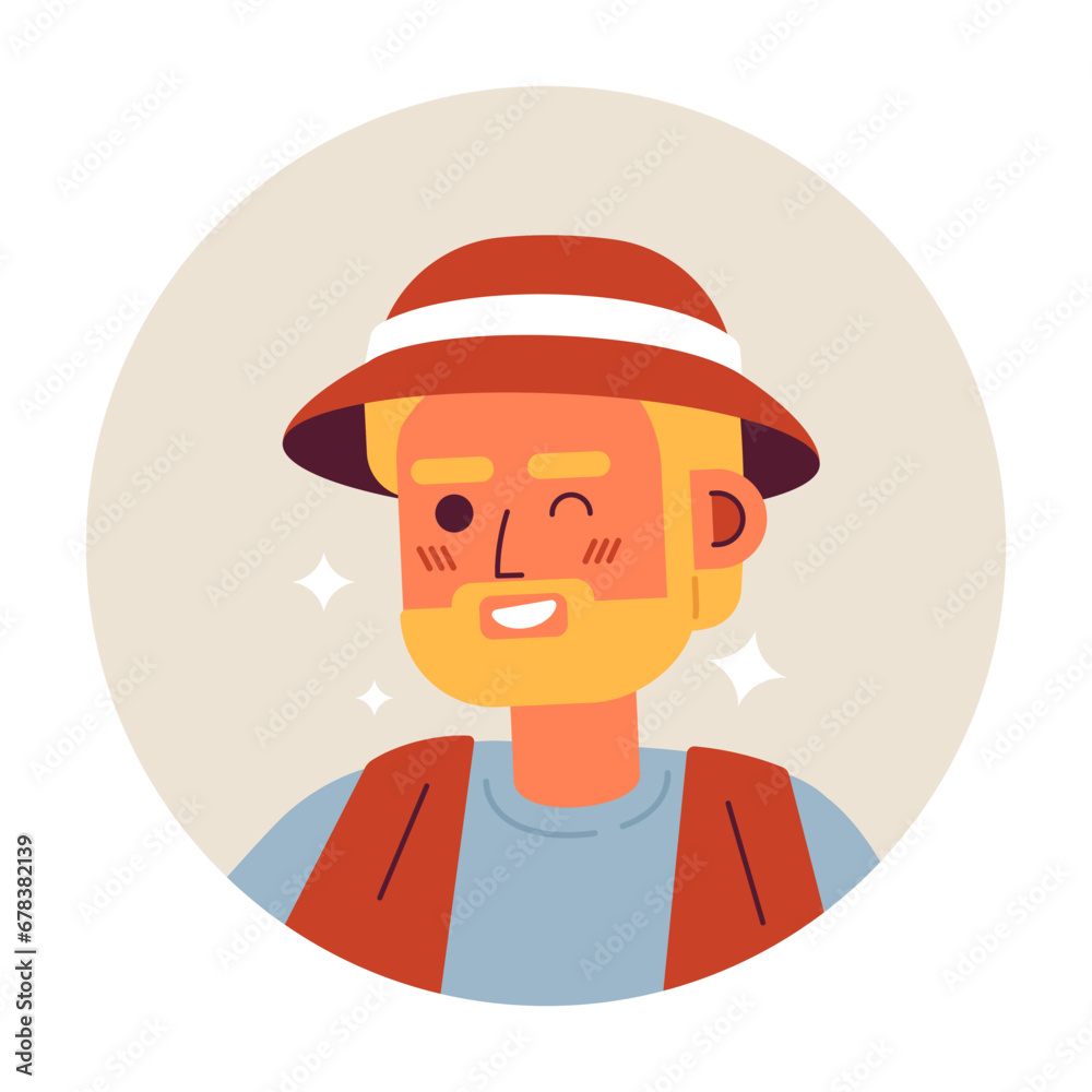Caucasian fisherman bearded winking smiling 2D vector avatar illustration. Adult male sparkling cartoon character face portrait. Friendly flirty guy flat color user profile image isolated on white Caucasian fisherman bearded winking smiling 2D vector avatar illustration. Adult male sparkling cartoon character face portrait. Friendly flirty guy flat color user profile image isolated on white