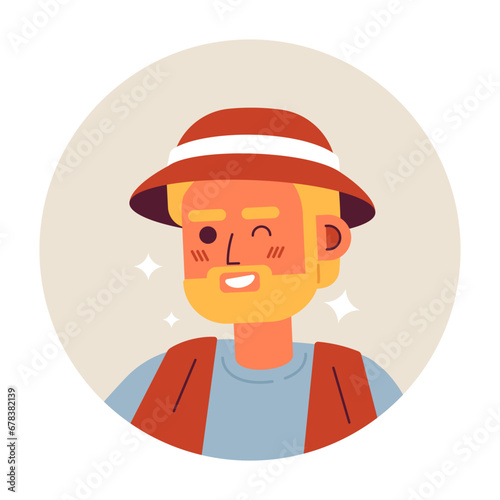 Caucasian fisherman bearded winking smiling 2D vector avatar illustration. Adult male sparkling cartoon character face portrait. Friendly flirty guy flat color user profile image isolated on white