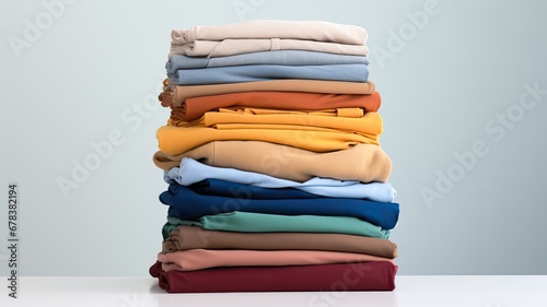 neatly folded clothes, assorted colored shirts, sweaters, and pants, on a table against a crisp white wall background, a close up shot with ample copy space.