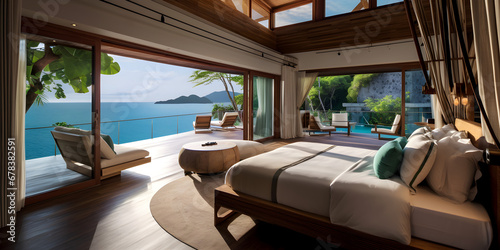 Luxury bedroom interior design of a resort house with ocean view and big windows © TatjanaMeininger