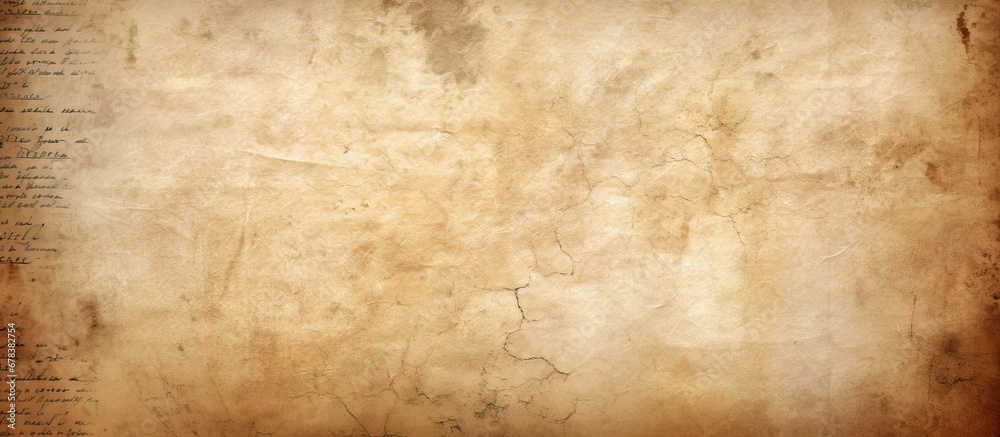 The vintage background of the old parchment paper created a beautifully textured and abstract surface enhanced by the light and grunge elements reminiscent of a medieval stationery card or w