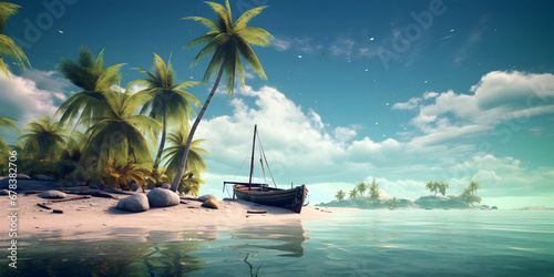 Beautiful tropical island with clear blue ocean water and a boot, natural background