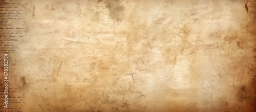 The vintage background of the old parchment paper created a beautifully textured and abstract surface enhanced by the light and grunge elements reminiscent of a medieval stationery card or w