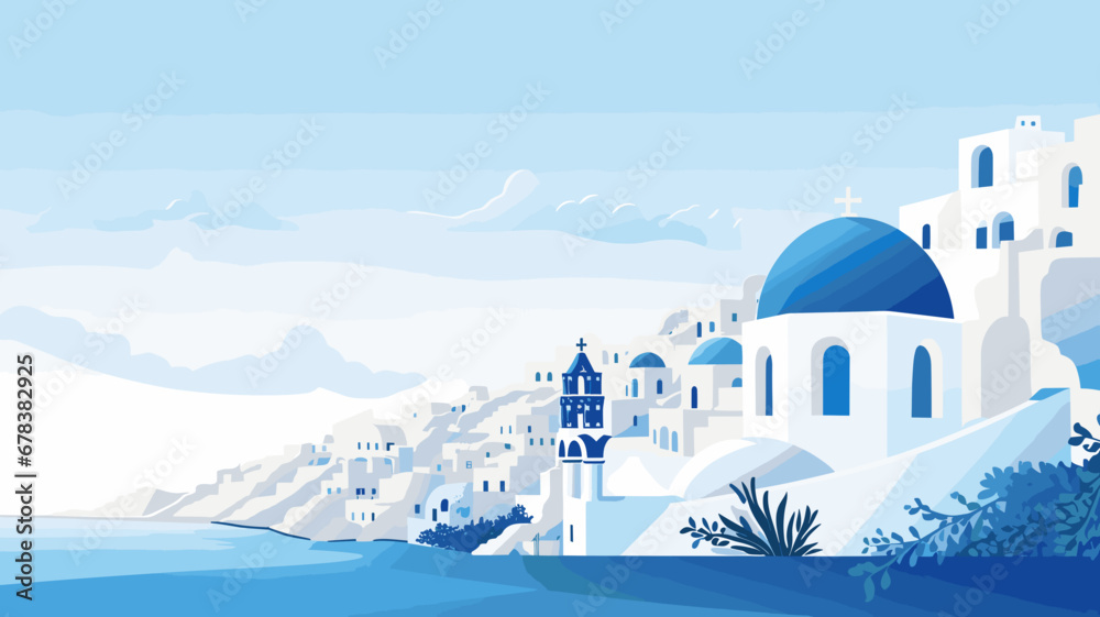 Naklejka premium copy space, simple vector illustration, simple colors, santorini, greece. World famous Greece Island in the Mediterranean sea. Must-see place in Europe. Beautiful travel destination. Design for advert