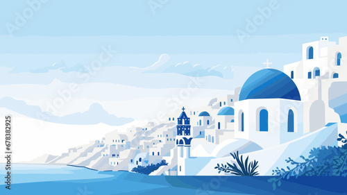 copy space, simple vector illustration, simple colors, santorini, greece. World famous Greece Island in the Mediterranean sea. Must-see place in Europe. Beautiful travel destination. Design for advert photo